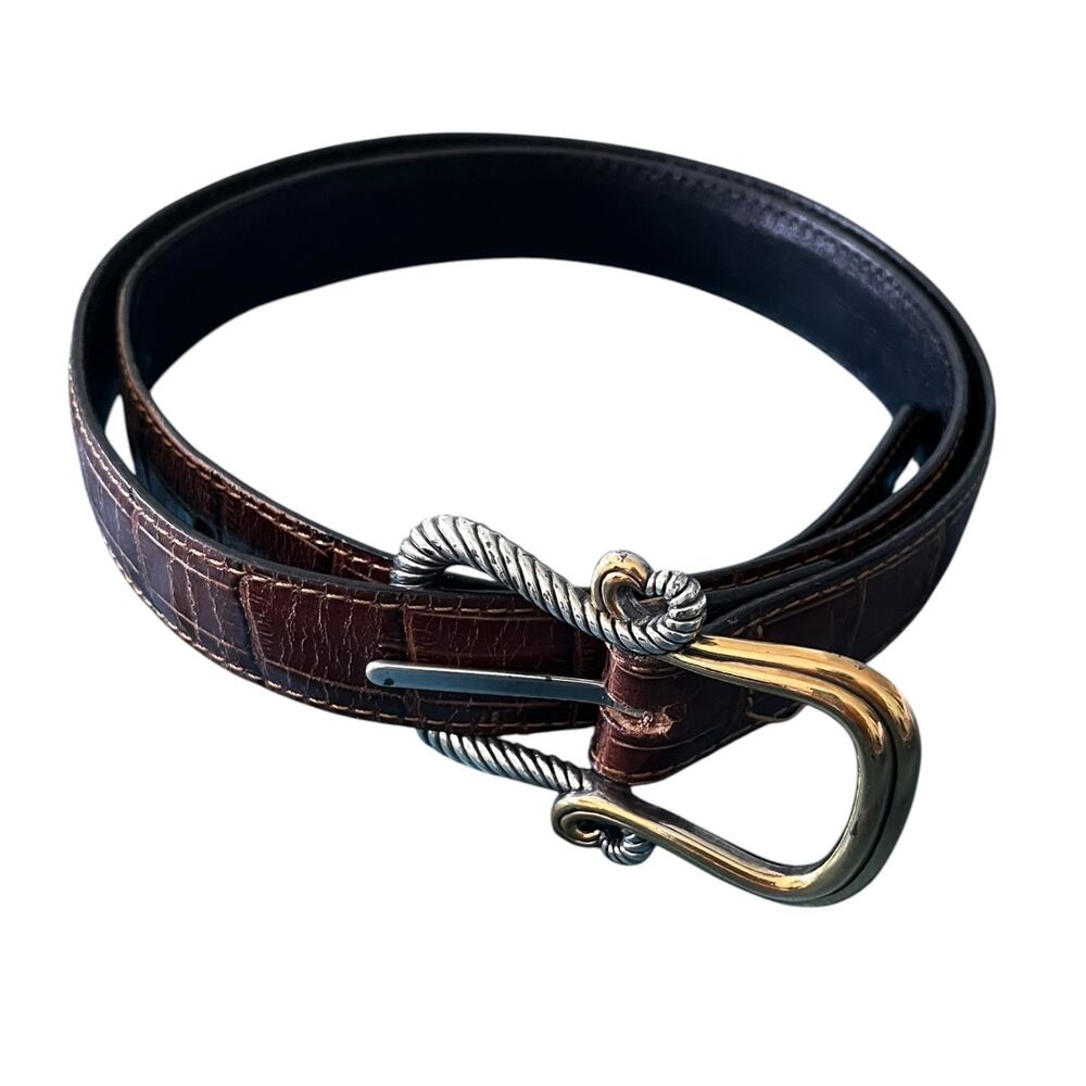 Size M/L 34 VTGE Womens Leather Belt Brown Silver Brass Crocodile Embossed